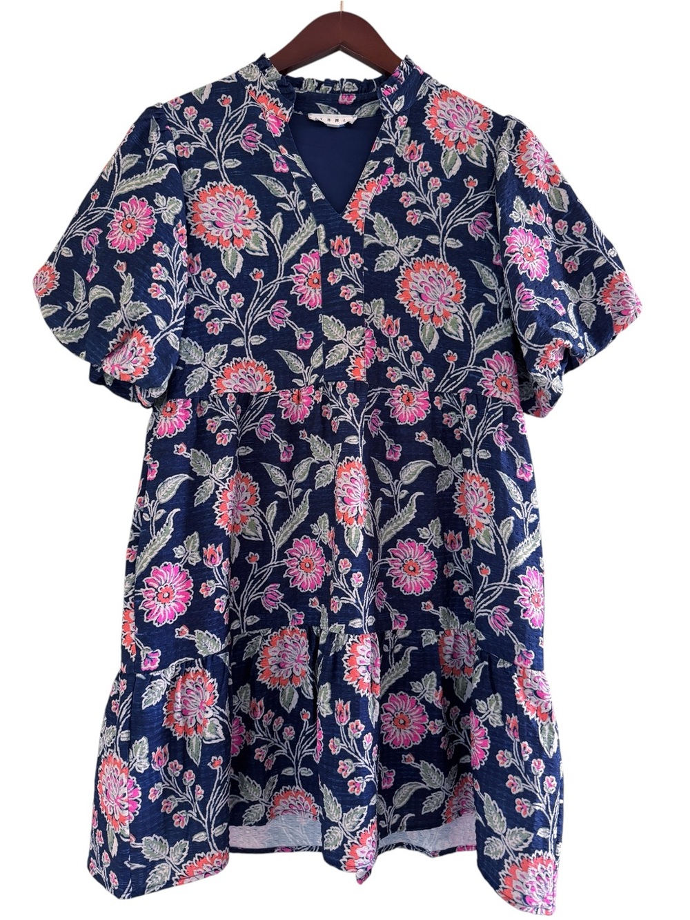 THML Floral Split V Neck Dress Size Small in Blue Floral Multi